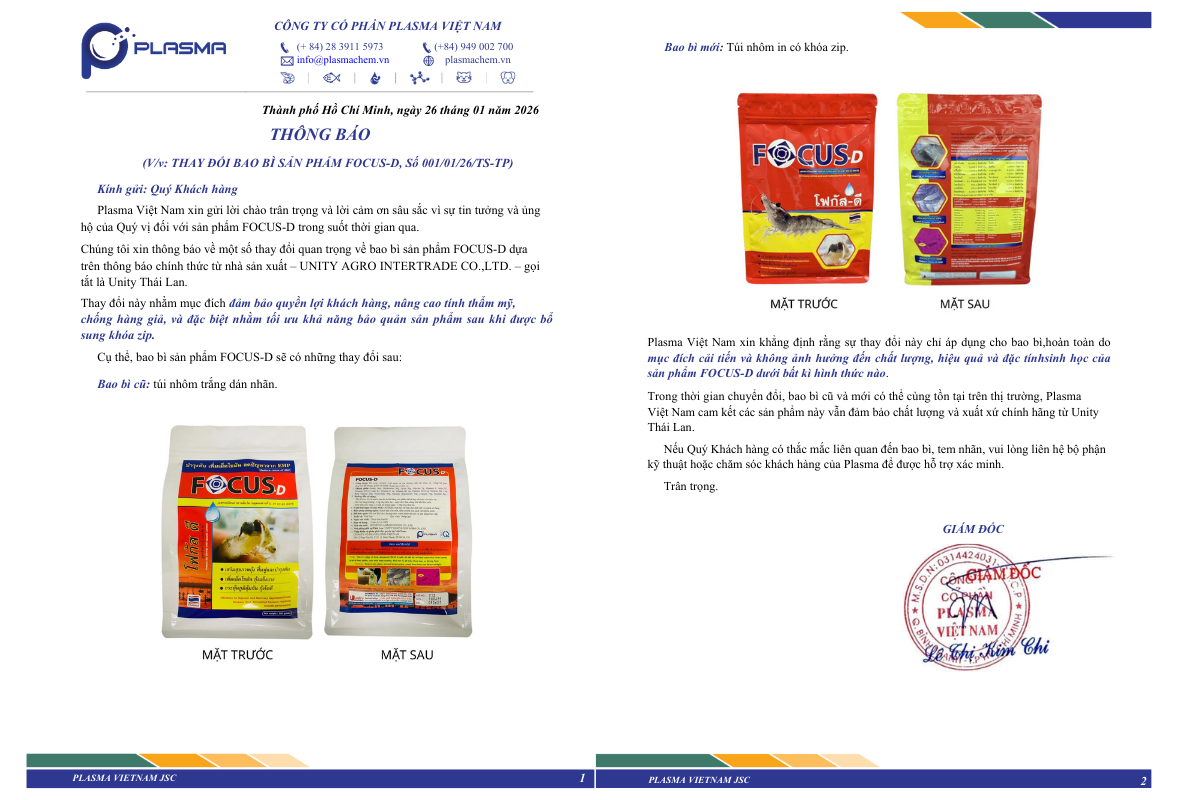 Thông báo thay đổi bao bì Focus-D từ Plasma Việt Nam.